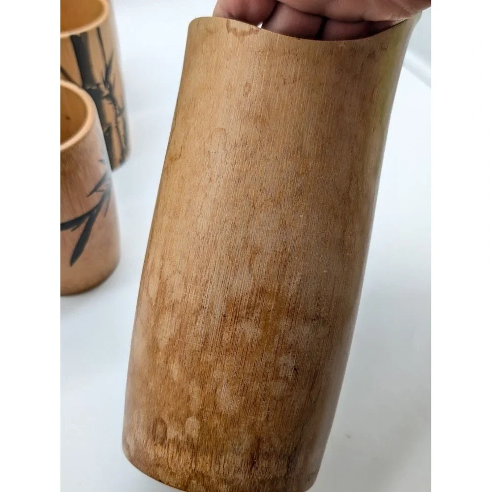 7 Set Vtg Natural Bamboo Cups Pitcher Hand Painted Made in Japan MCM Bar Tiki